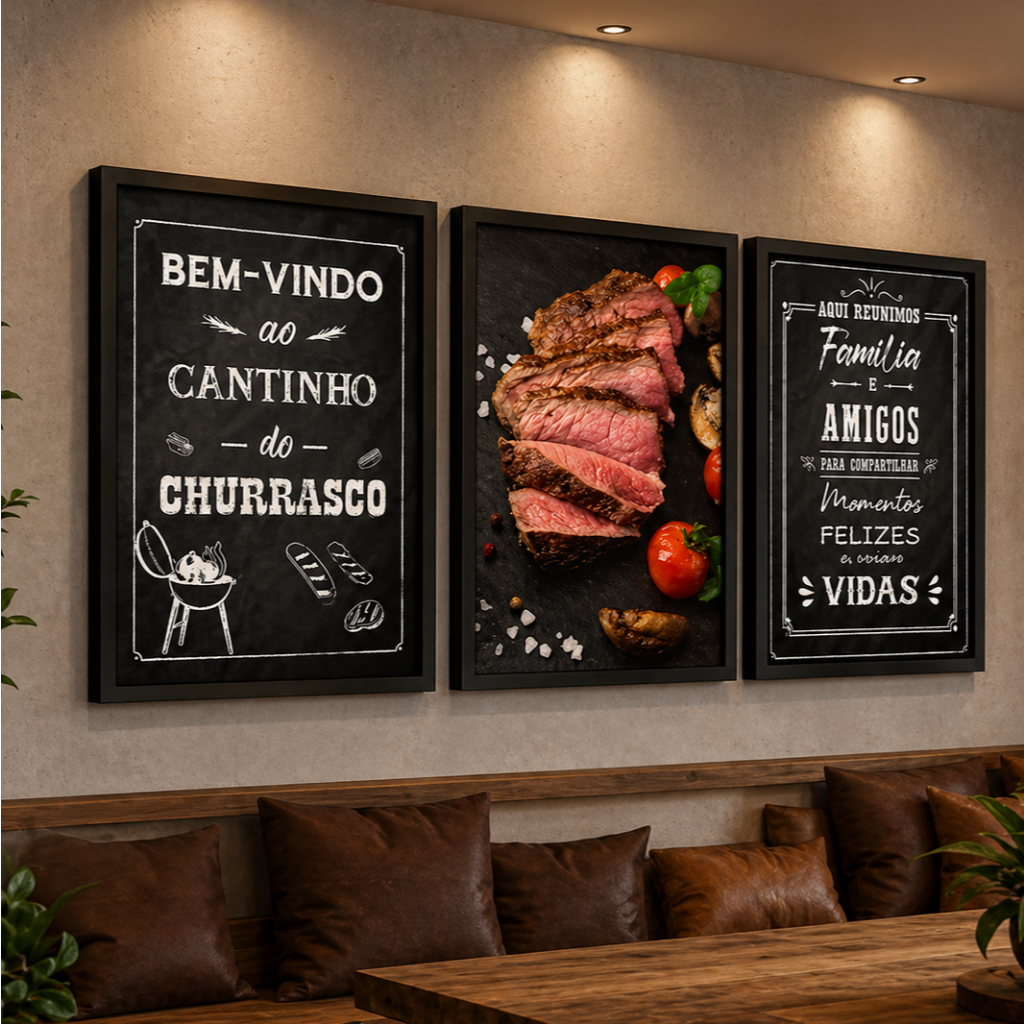 Placa Quadro Decorativo Kit 3 Peças 20x30 Área Gourmet Bem Vindo Ao Cantinho Do Churrasco
