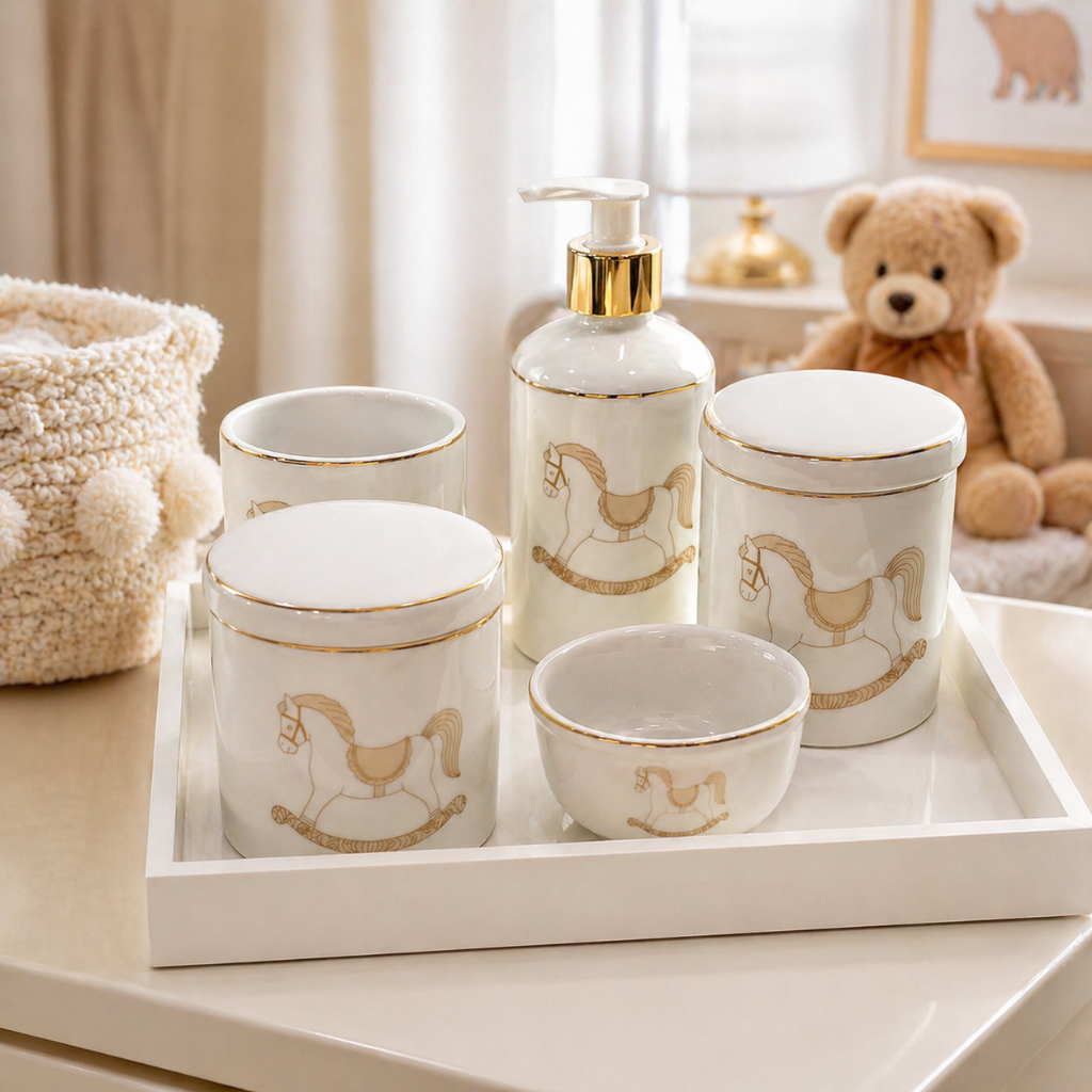 Kit Higiene Porcelana Bebe Cavalinho Friso Ouro Unissex