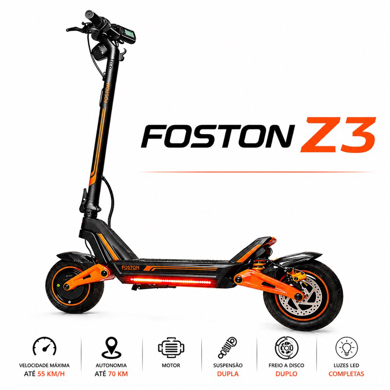 Patinete Elétrico Scooter Foston Z3, Dois Motores Turbo Preto 17.000mah 50km/h Potência 2400w