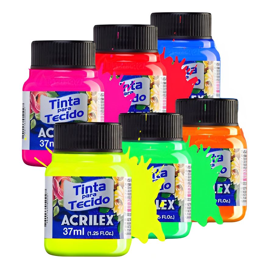 Tinta Para Tecido Fluorescente Neon Acrilex 37ml Kit 6 Core Azul Vermelho Maravilha Verde Ouro Limão