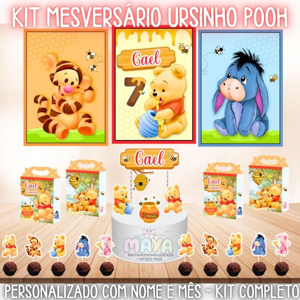 Kit Mesversário Ursinho Pooh Personalizado mesversario Topo + Painel+Caixa Maleta+Toppers