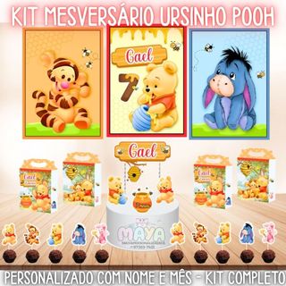 Kit Mesversário Ursinho Pooh Personalizado mesversario Topo + Painel+Caixa Maleta+Toppers