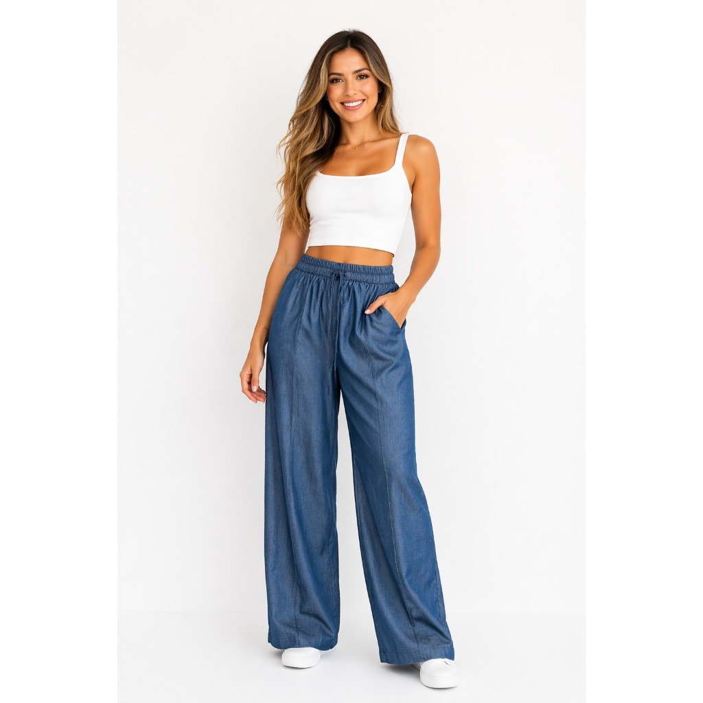 Calça Jeans Tencel Feminina Pantalona Elegante Cintura Alta com Elástico no Cós