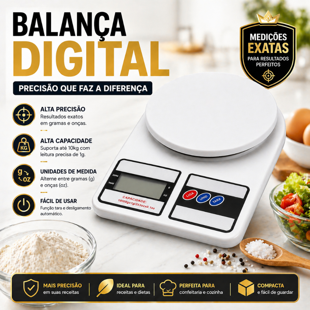 Balança Digital Cozinha Alta Precisão 10Kg Dieta Fitness + 2 Pilhas AAA