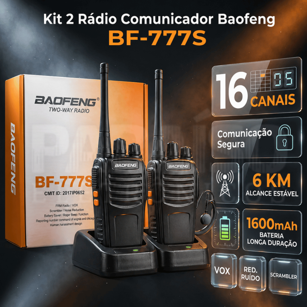 Kit 2 Rádio Comunicador Baofeng 777 Walk Talk 16 Canais Alta Frequência Profissional Alcance 12km