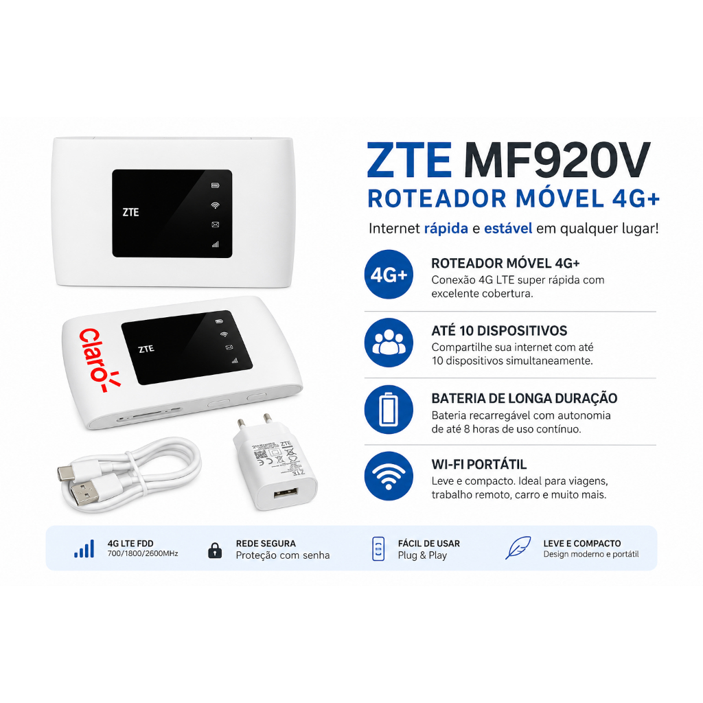 Modem Roteador Portátil veicular ZTE MF920V Pocket 4G Desbloqueado  Bateria 2000mAh 110/220v