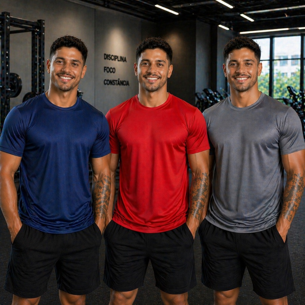 Kit 3 Camisetas Dry Fit Poliéster Masculina Casual Treino Academia Esportes Exercícios Fitness