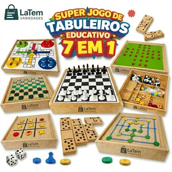 Jogo Tabuleiro Educativo Madeira Clássicos Xadrez Dama Jogo da Velha Ludo Trilha Dominó Resta 1
