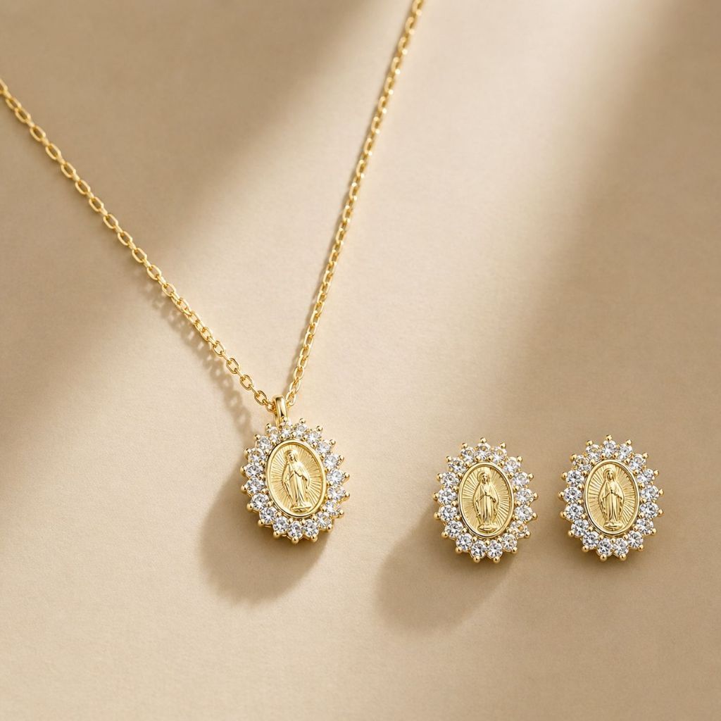Conjunto Colar ou Brinco Nossa Senhora das Graças Semijoia banhada a Ouro 18k ou Prata 925