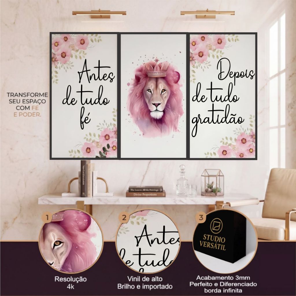 Kit 3 Peças de Quadros Decorativos Leão Rosa Coroa Fé Gratidão Quarto Sala Moderno Chique e Bonito