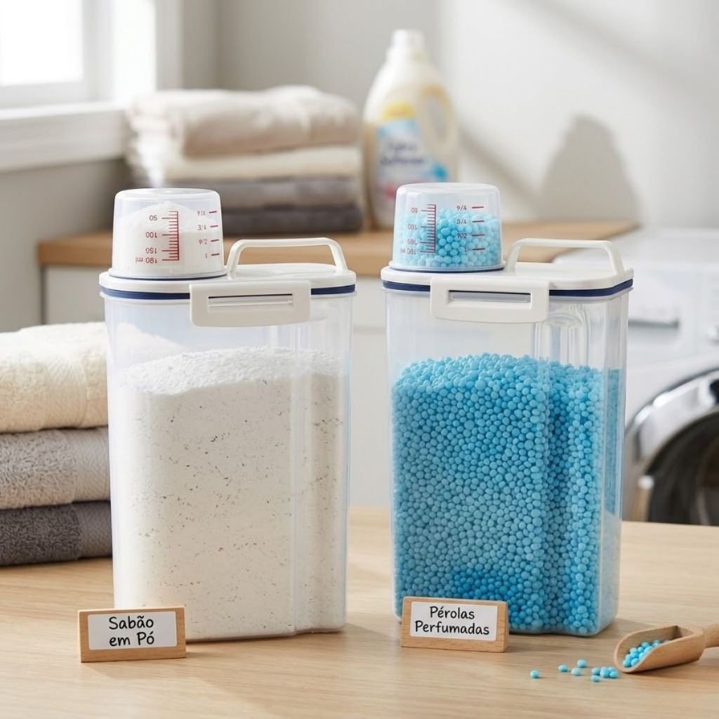 Dispenser de Lavanderia 2L com Dosador para Amaciante Sabão em Pó Liquido Kit 2 Potes Organizador