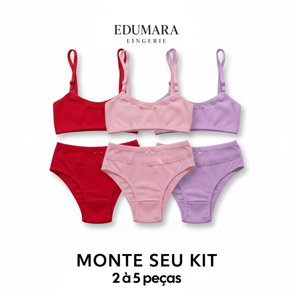 Kit 2 à 5 Conjunto Infantil Canelado Top e Calcinha com Forro em Algodão Confortável Edumara