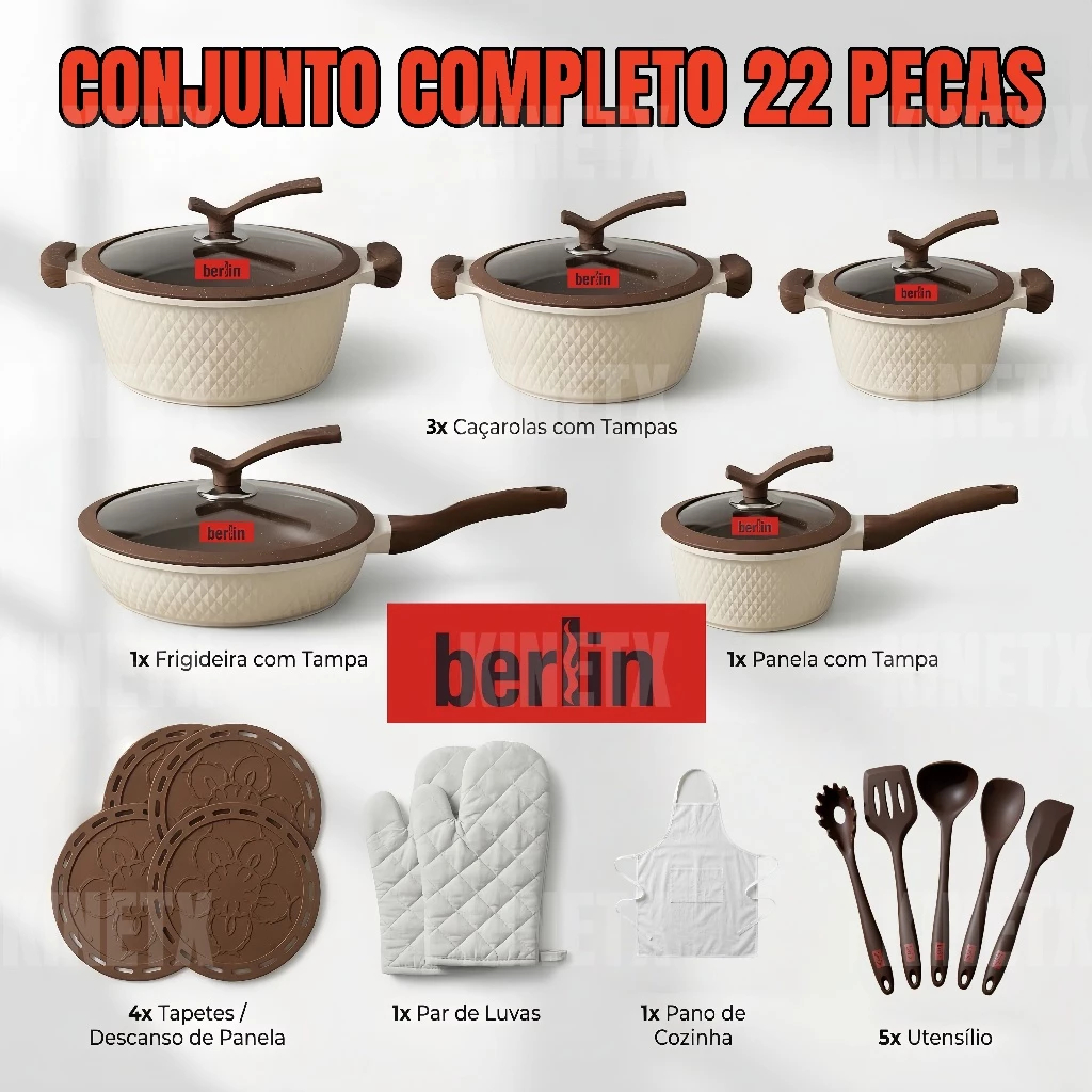 Imagem Conjunto de Panelas Cerâmica 22 Peças Premium Antiaderente Fundo Triplo – Indução, Gás e Elétrico