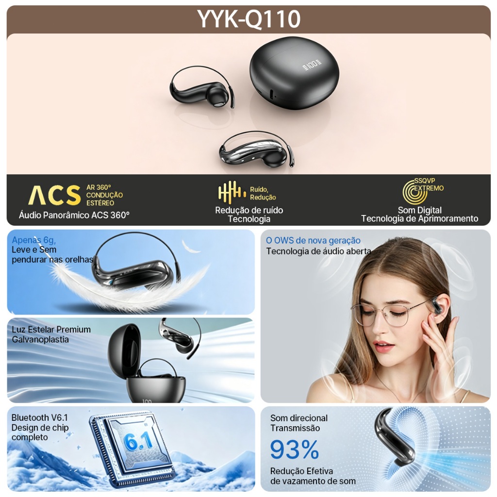 fone sem fio bluetooth Fone OWS Bluetooth 6.1, 6g Ultra Leve, ACS 360, Redução de Ruído, Sem Dor, Sem Vazamento de Som
