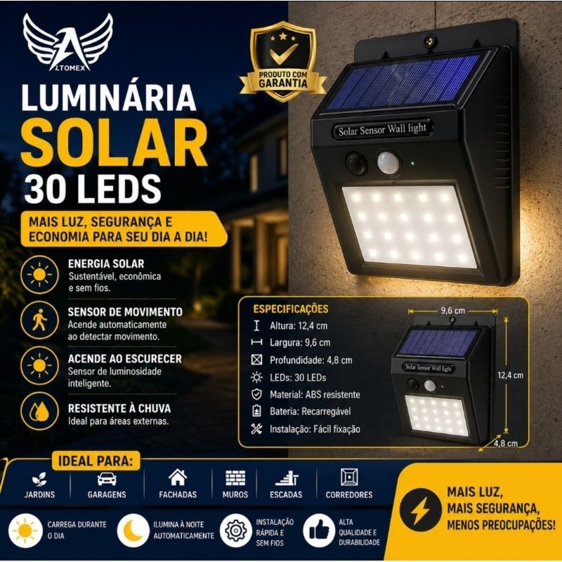 Luminária Solar 30 LEDs com Sensor de Presença