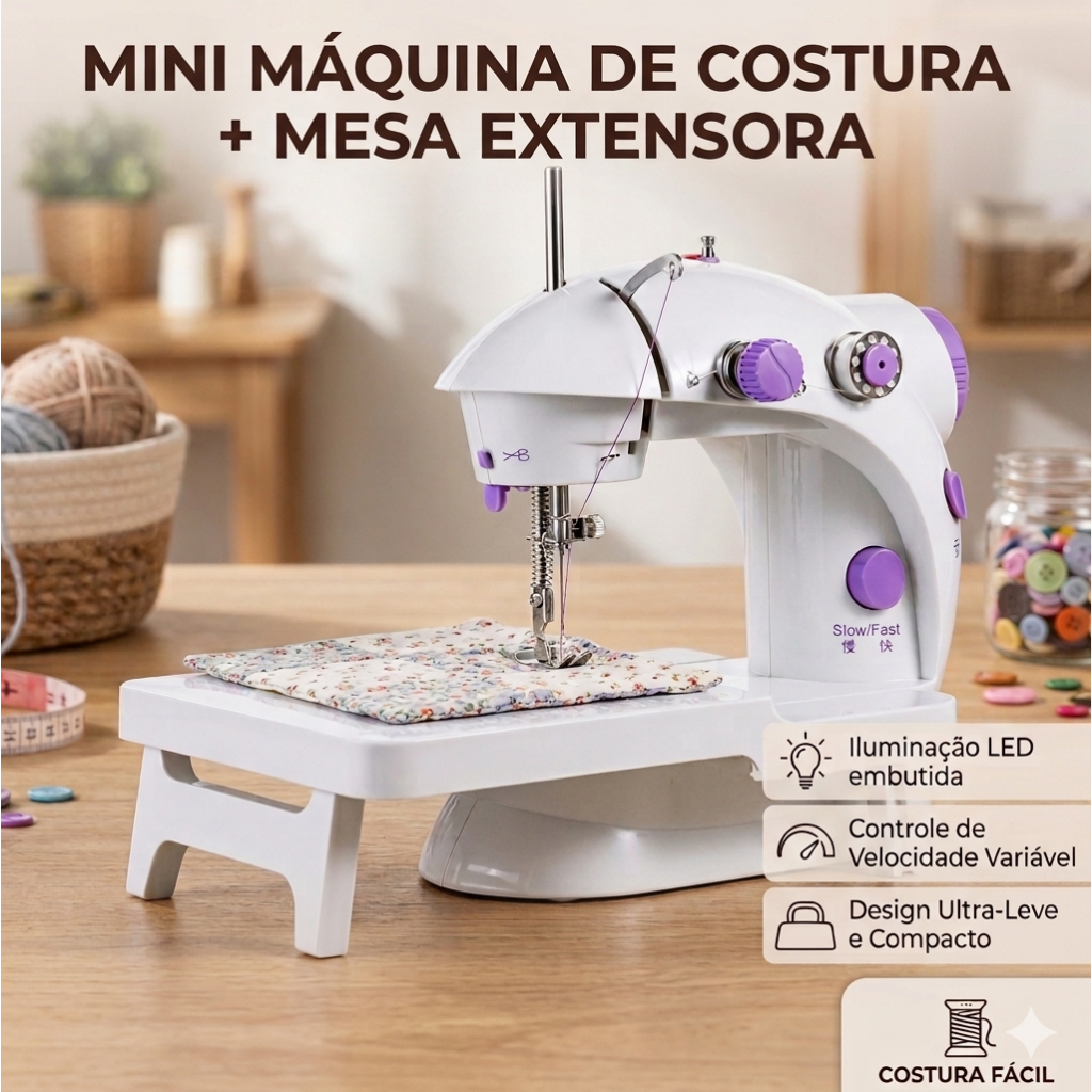 Kit Mesa de Apoio + Mini Máquina de Costura Portátil Elétrica e a Pilha Bivolt 110v/220v