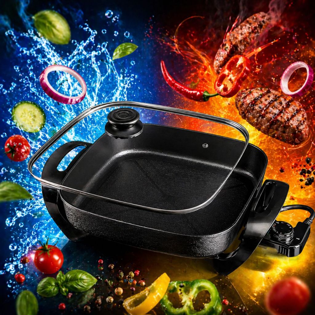 Panela Elétrica Agratto Mangiare 30cm Quadrada Preta 1500W 127V 220V Antiaderente Tampa Vidro Grill Multifuncional