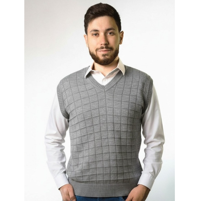 Colete Masculino Tricot Pulôver Elegante Texturizado Inverno Lã Sem Mangas Gola V Quadriculado
