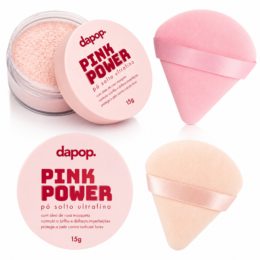 Kit Com 2 Esponja Para Pó Triangular + Pó Facial Solto Ultrafino Rosa Mosqueta Pink Power-Dapop