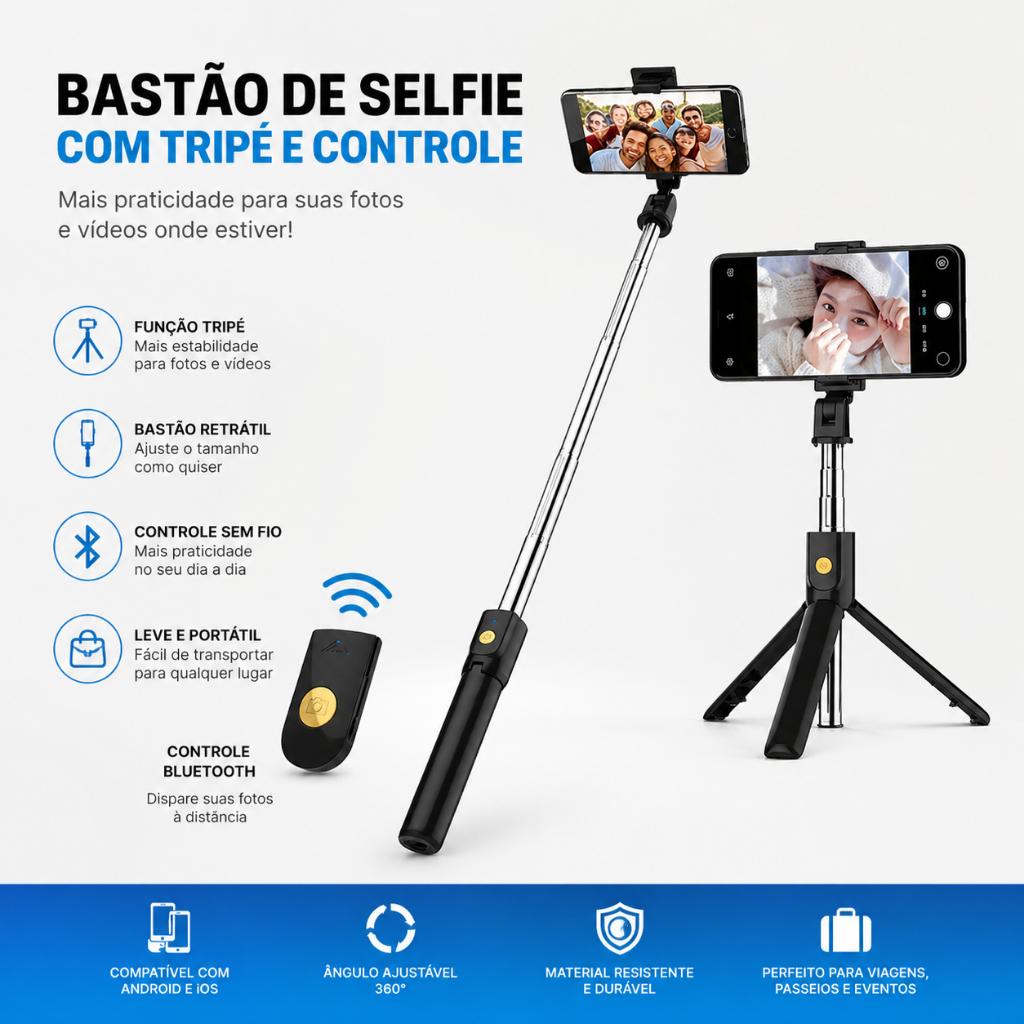 Bastão Pau de Selfie Retrátil Bluetooth suport tripé para celular com controle