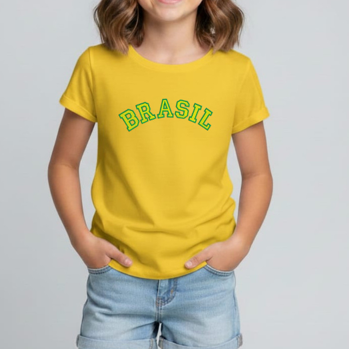 Camiseta Infantil Menina Estampada Brasil HEXA 100% algodão Seleção Brasileira Copa Mundo 2 ao 14