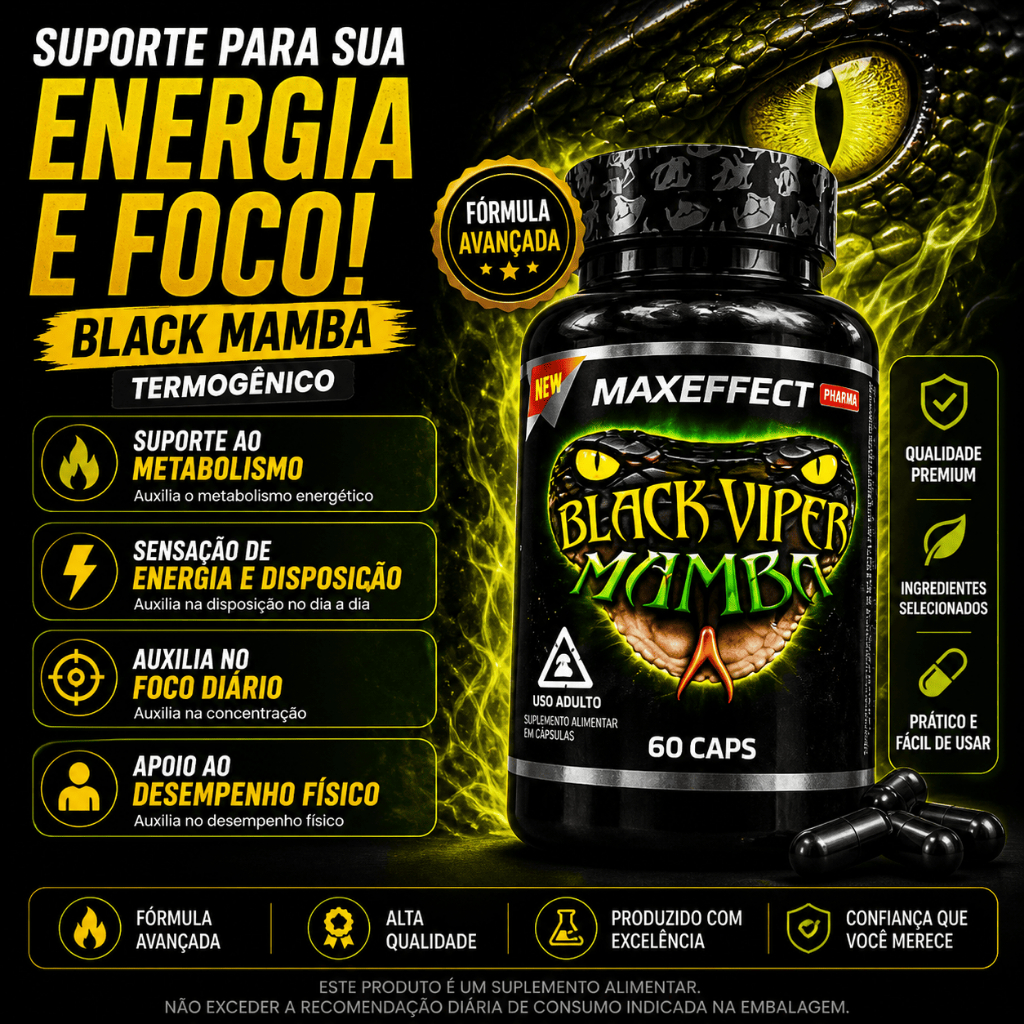 Black Mamba Termogênico 65mg 60 Cápsulas Black Viper Original Queima de Gordura Energia Foco