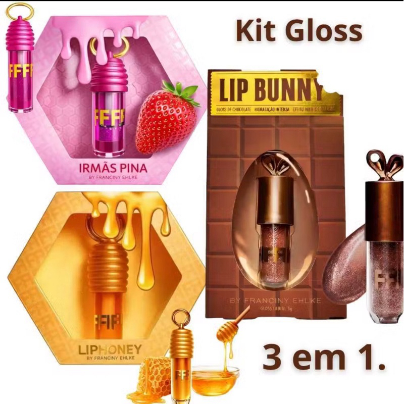 Kit com 3 Gloss Labiais - Brilho Intenso Espelhado Hidratação Não Gruda – Mel + Morango + Chocolate
