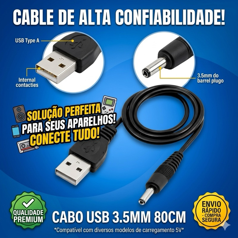 Cabo USB P4 3.5mm 80cm Compatível Mini Ventilador
