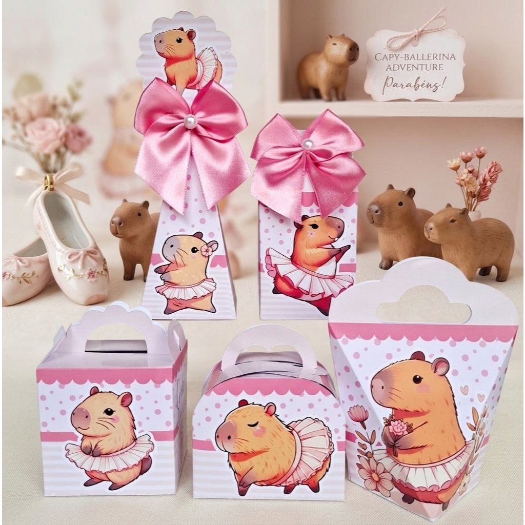 Kit Personalizados CAPIVARA BAILARINA ROSA Pegue e Monte Caixinhas Lembrancinhas Festa Infantil Aniversário