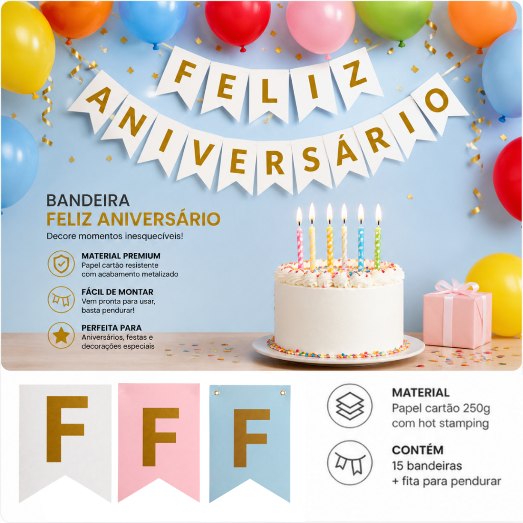 Bandeira Faixa Decorativa Feliz Aniversário Letras Dourada/Prata Metalizadas Decoração Festa Flamula