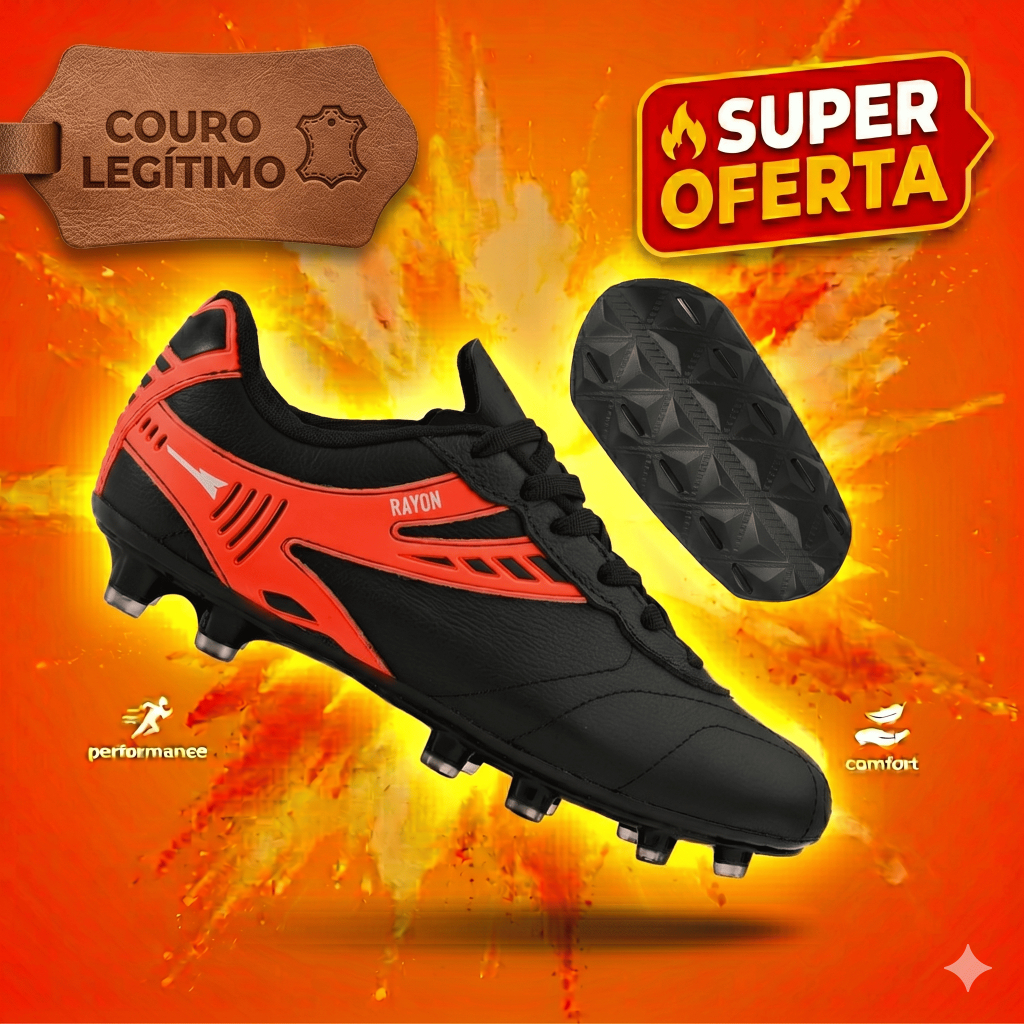 Chuteira em Couro 100% Legitimo Campo Trava  Resistente Costurada Original Fly Grip R416-03 + Caneleira