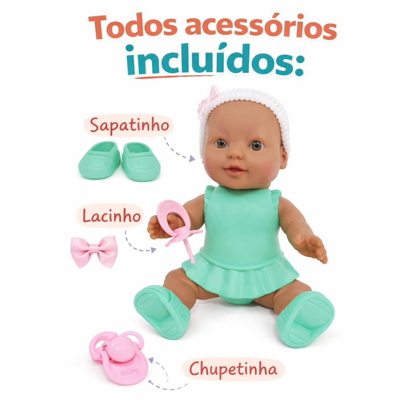 Boneca Negra Bebê 20cm com Acessórios Inclusos (Chupeta, Lacinho, Sapato) – Fofa e Realista