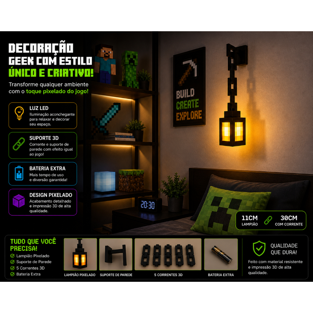 Luminária Abajur Lampião Suporte de Parede Mine Pixelado Decorativa + bateria extra – Geek Gamer Brinquedo Lembrancinha