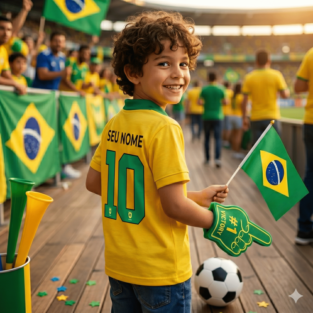 Camiseta Personalizada Brasil Infantil e Adulto Com Nome e Numero Lançamento Unissex Copa Do Mundo