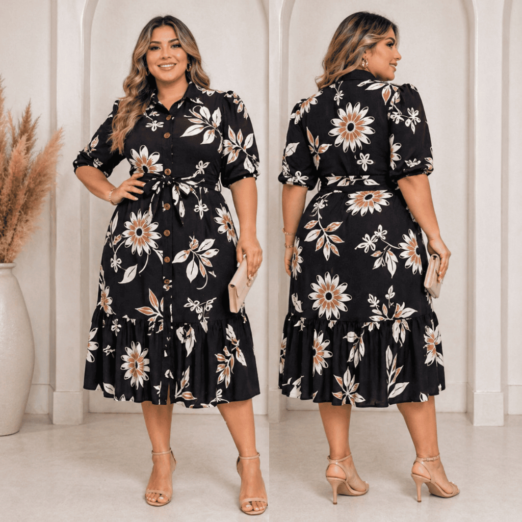 Vestido Chemise Midi Plus Size Crepe Dunas Moda Evangélica Veste 42 ao 46 Estampado Plus Size Casual Chic Crepe