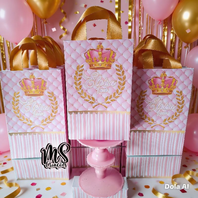 Kit 10/15/20 Sacolinhas Surpresas Festa Realeza Rosa, Lembrancinhas Aniversário Personalizados| Montadas.