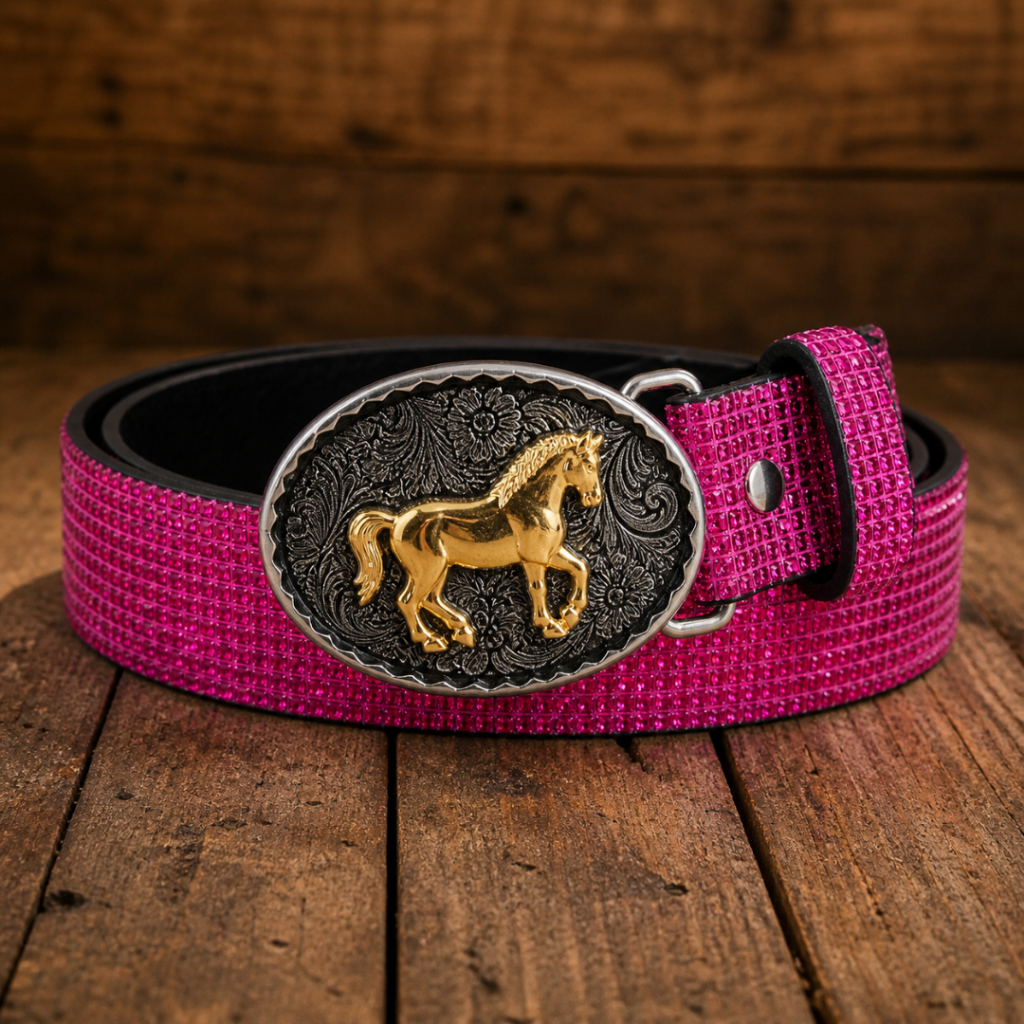 Cinto Infantil Country Rosa Luxo com Fivela de Cavalo Dourado Ajustável e Resistente