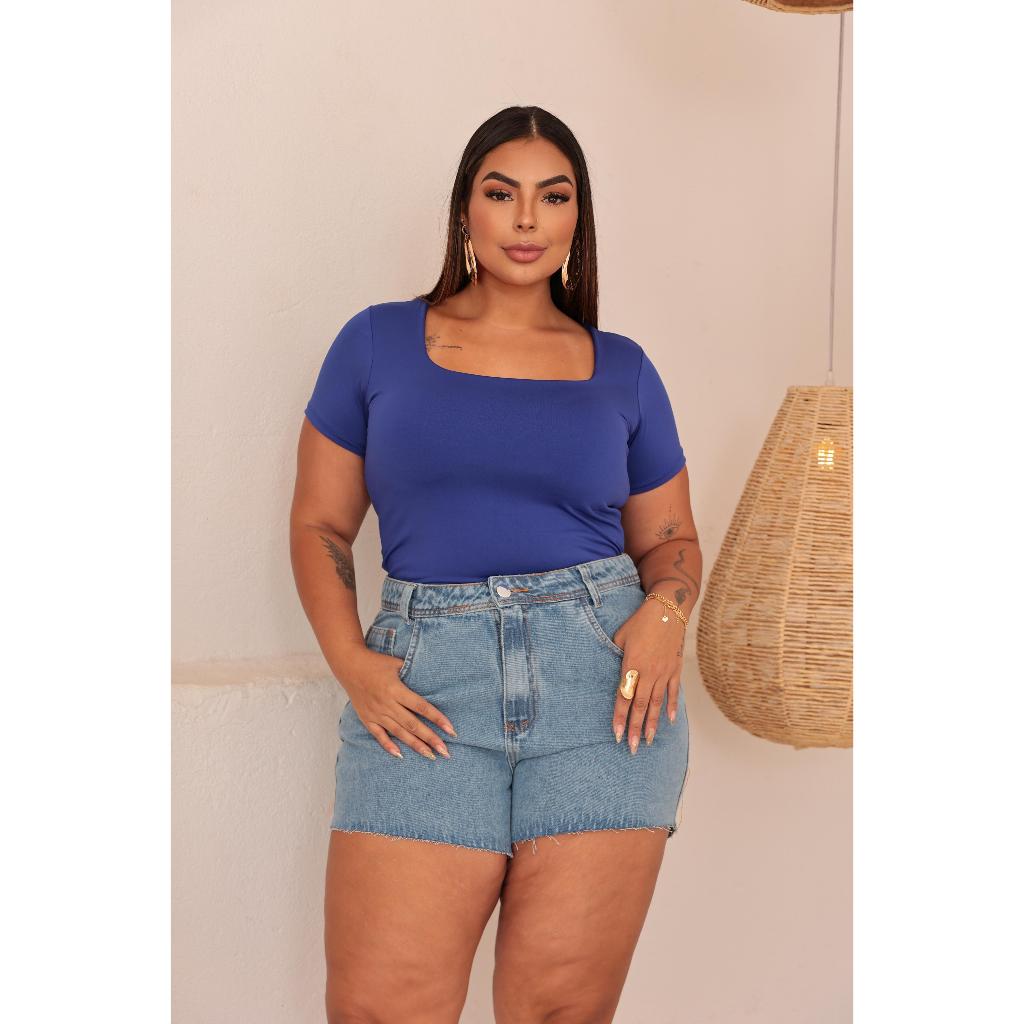 Body Feminino Decote Quadrado Manga Curta Plus Size Tecido Suplex Premium Moda Blogueira Tendencia