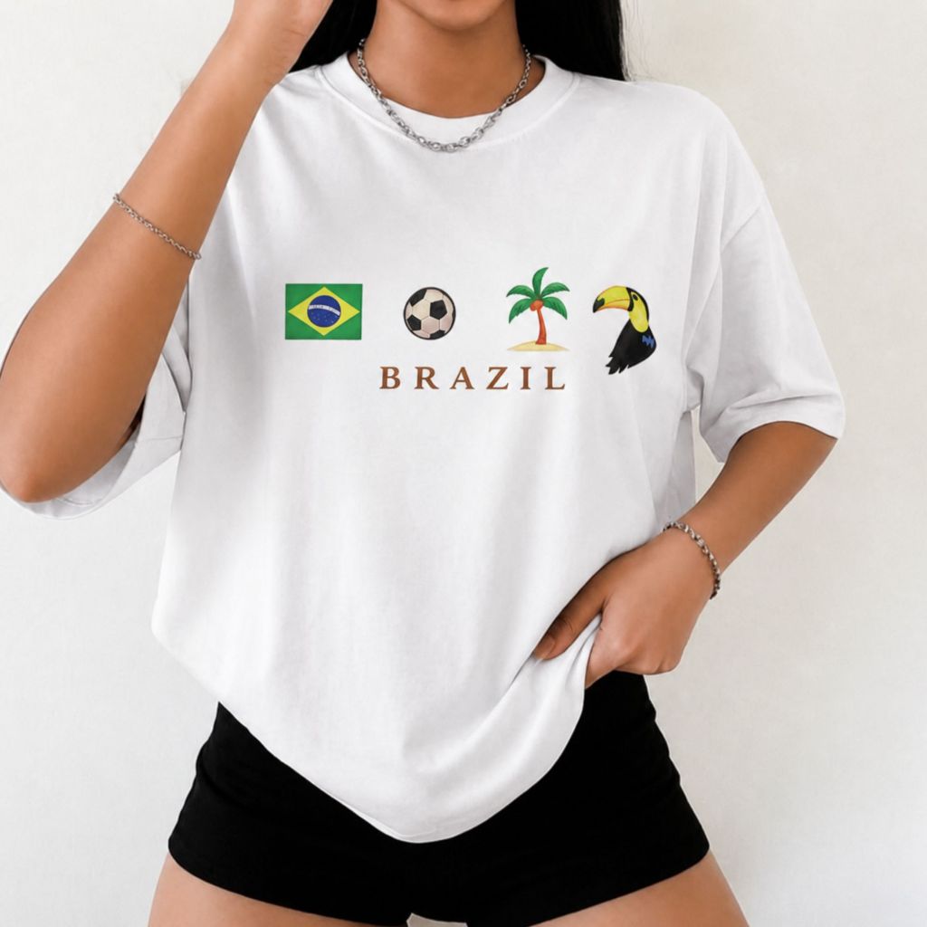Camiseta Brasil Copa Futebol Estampada 100% Algodão Camisa  Seleção Brasileira Tendência Moda Casual