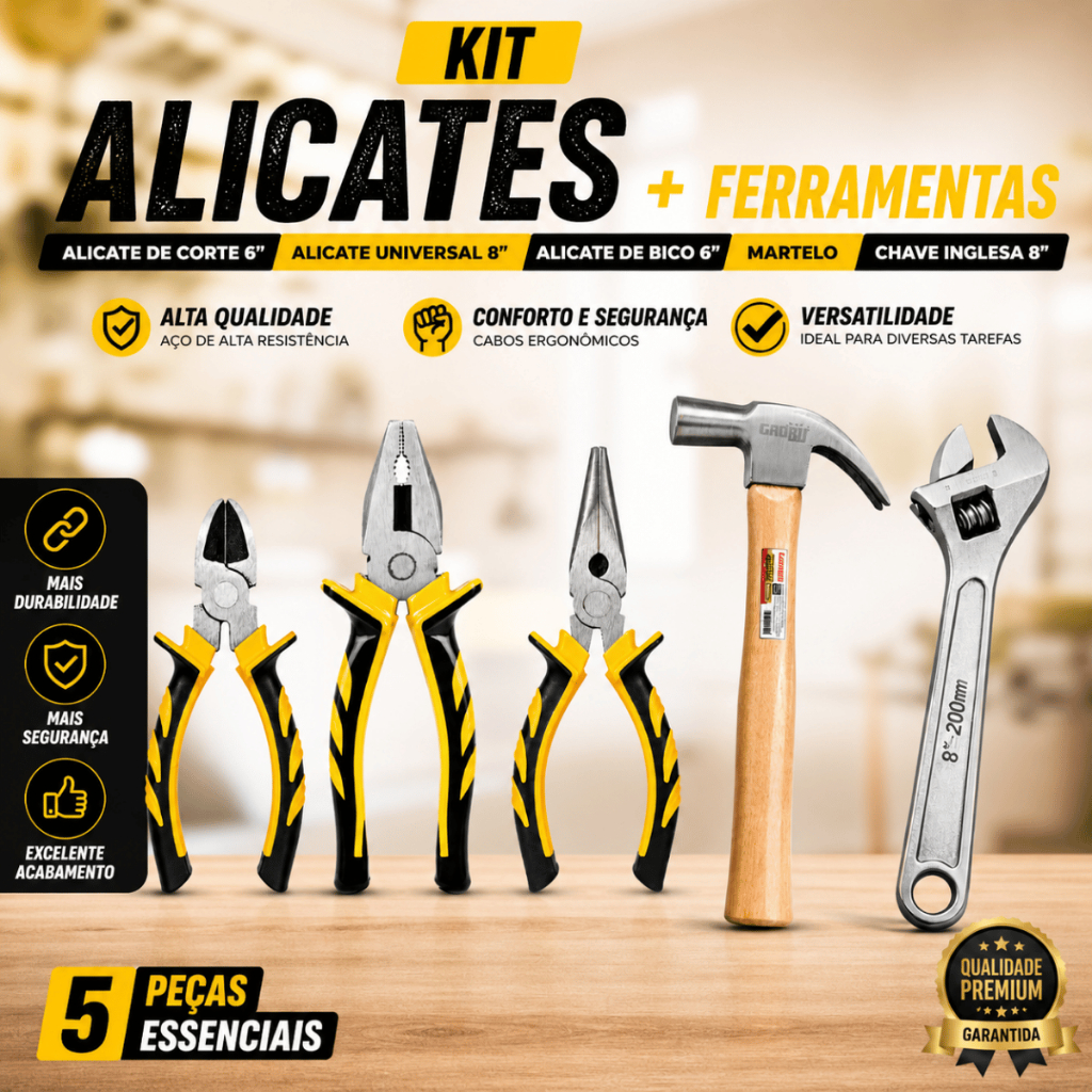 Kit Jogo Martelo Unha Chave Inglesa Alicate Universal Corte Bico Ferramenta Aço Resistente