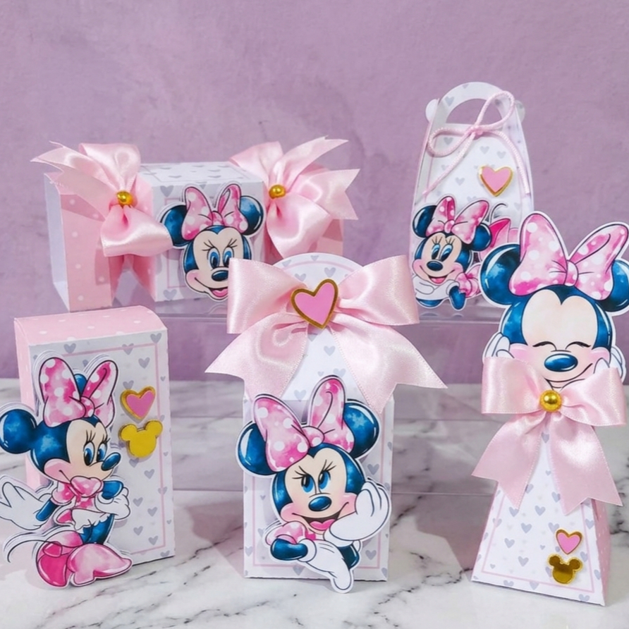 PEGUE E MONTE|Kit Festa Personalizado| MINNIE ROSA AQUARELA | Caixinhas Lembrancinha para Aniversário - SEMIMONTADAS