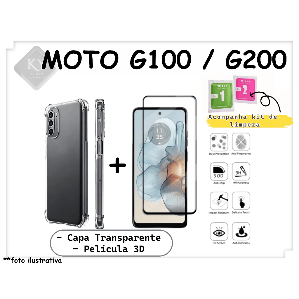 Capa Capinha Anti Shock + Película Vidro 3D Motorola Moto G200/G100