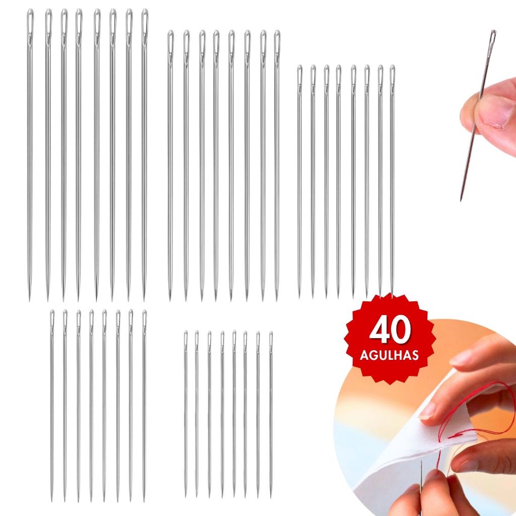 Kit 40/80 Agulhas De Costura Manual Mão Bordar Remendar Reparar Aço 5 Tamanhos Diferentes Espessuras