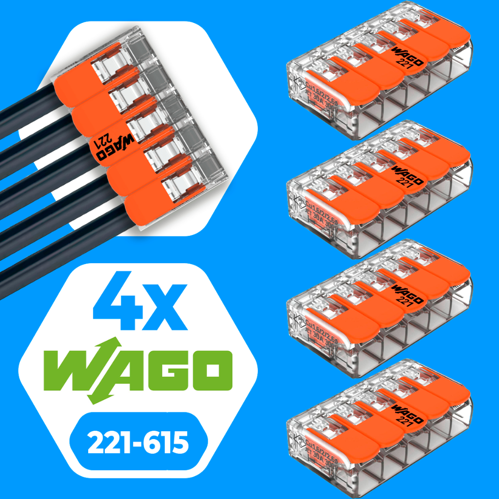Conector de Fio Elétrico Wago 221-615 Conector Wago Emenda 6mm 41A Conexão Automática Kit 4 Peças