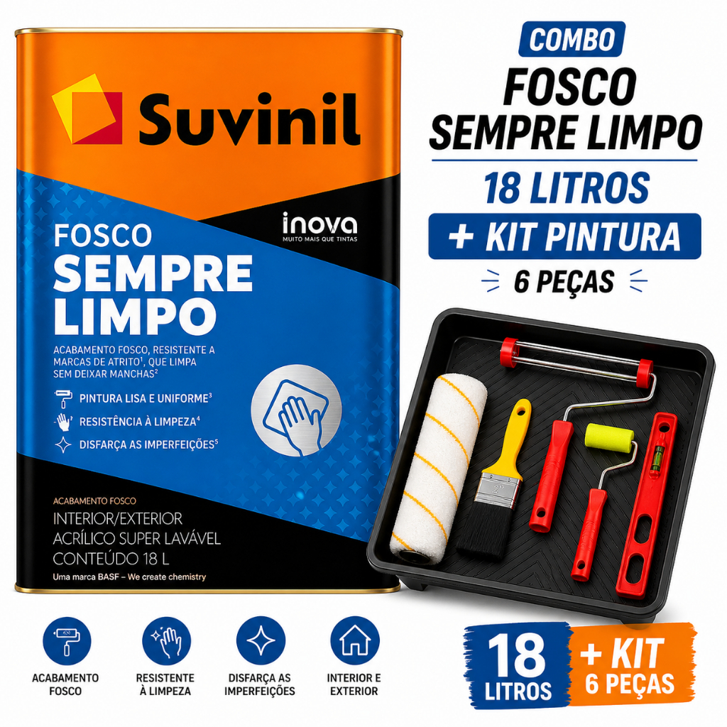 Tinta Fosco Sempre Limpo Branco Neve 18L + Kit Pint 6 Pçs Suvinil
