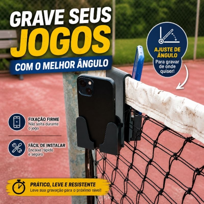 Suporte Celular duplo ajustável para Rede de Tênis Beach Tennis padel Gravar Jogos