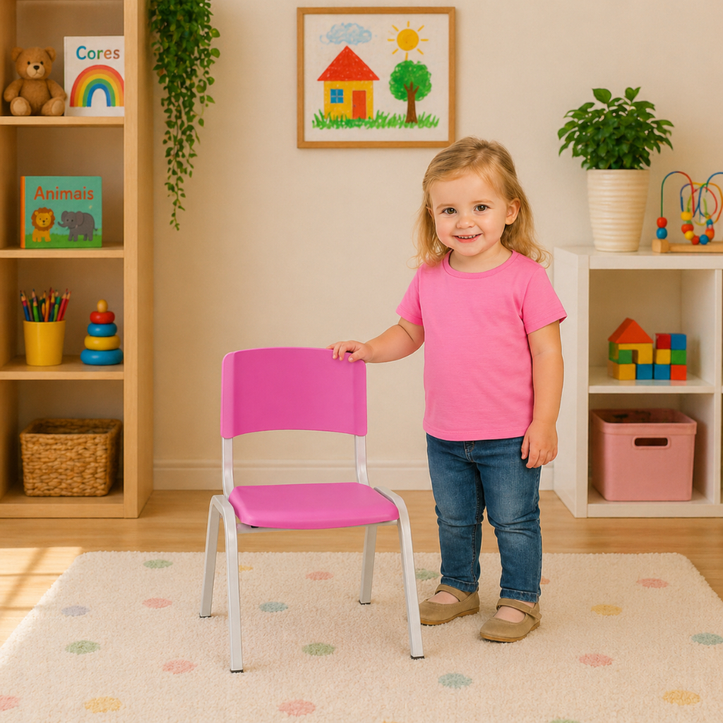 Cadeira Iso Infantil Fixa Em aço Empilhável Rosa Escola Criança Brinquedoteca