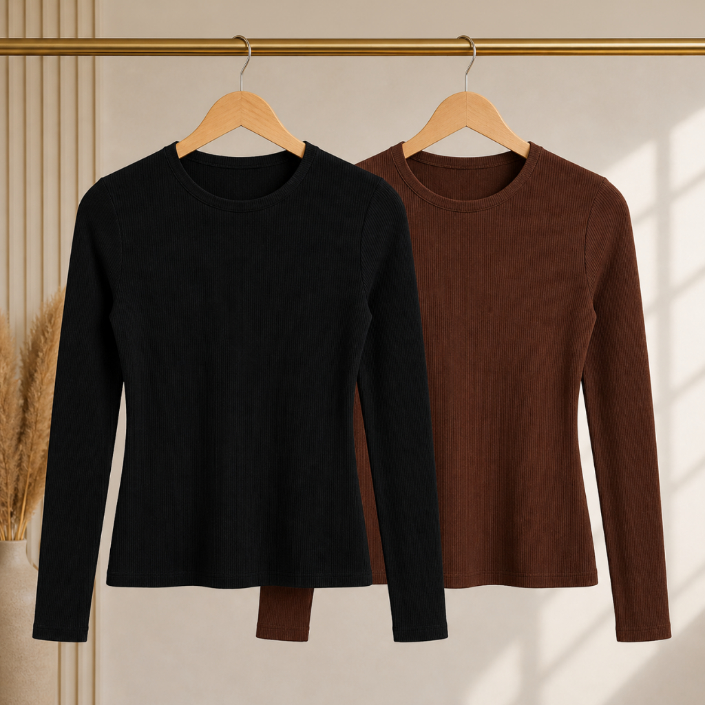 Kit 2 Blusas Feminina Segunda Pele Canelada Manga Longa Ajustada Confortável Básica Outono Inverno
