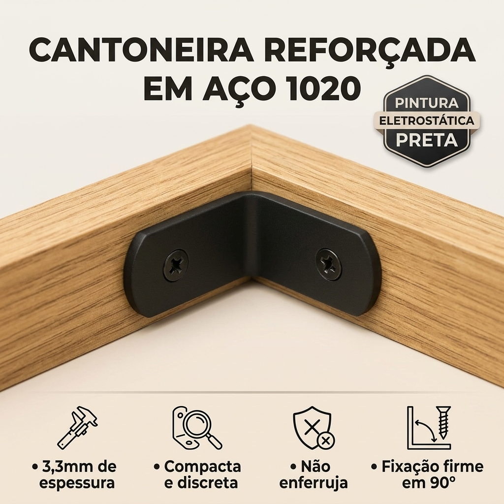 Kit Cantoneira Reforçada Aço 1020 3,3mm Suporte Prateleira 90° Mão Francesa Pequena Preta Alta Resistência