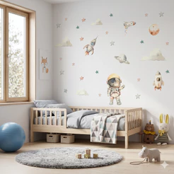 Kit Adesivo Parede Astronauta Aquarela Planetas Foguete Papel de Parede Quarto Bebê